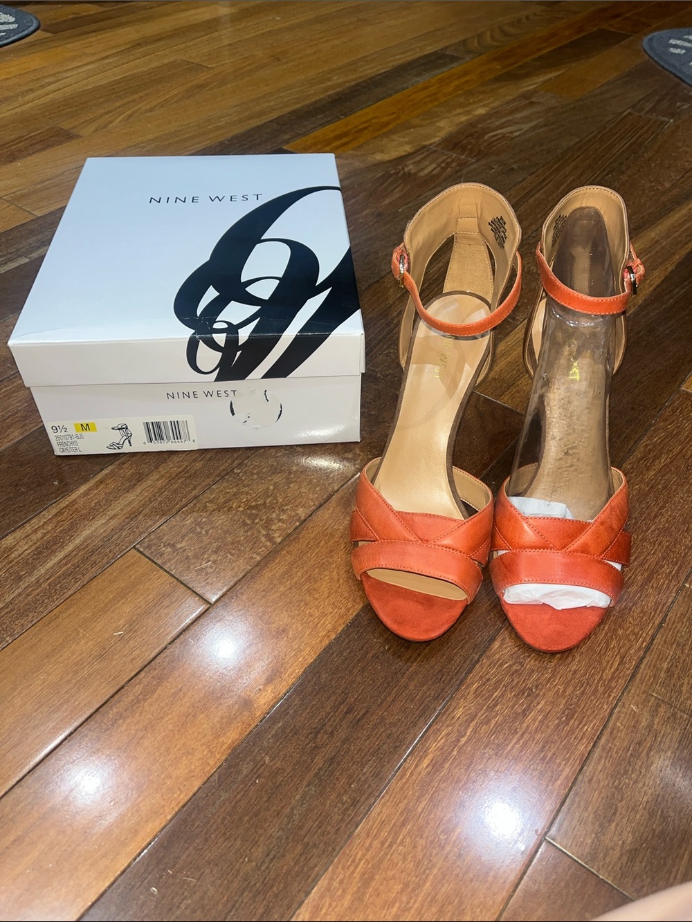 New In Box Size 9 1/2 Nine West Orange and Brown  Ankle-Strap Heeled Sandals